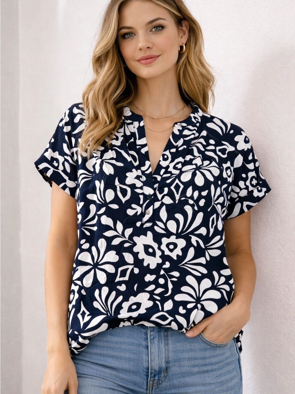 Navy Floral Short-Sleeve Split V-Neck Blouse